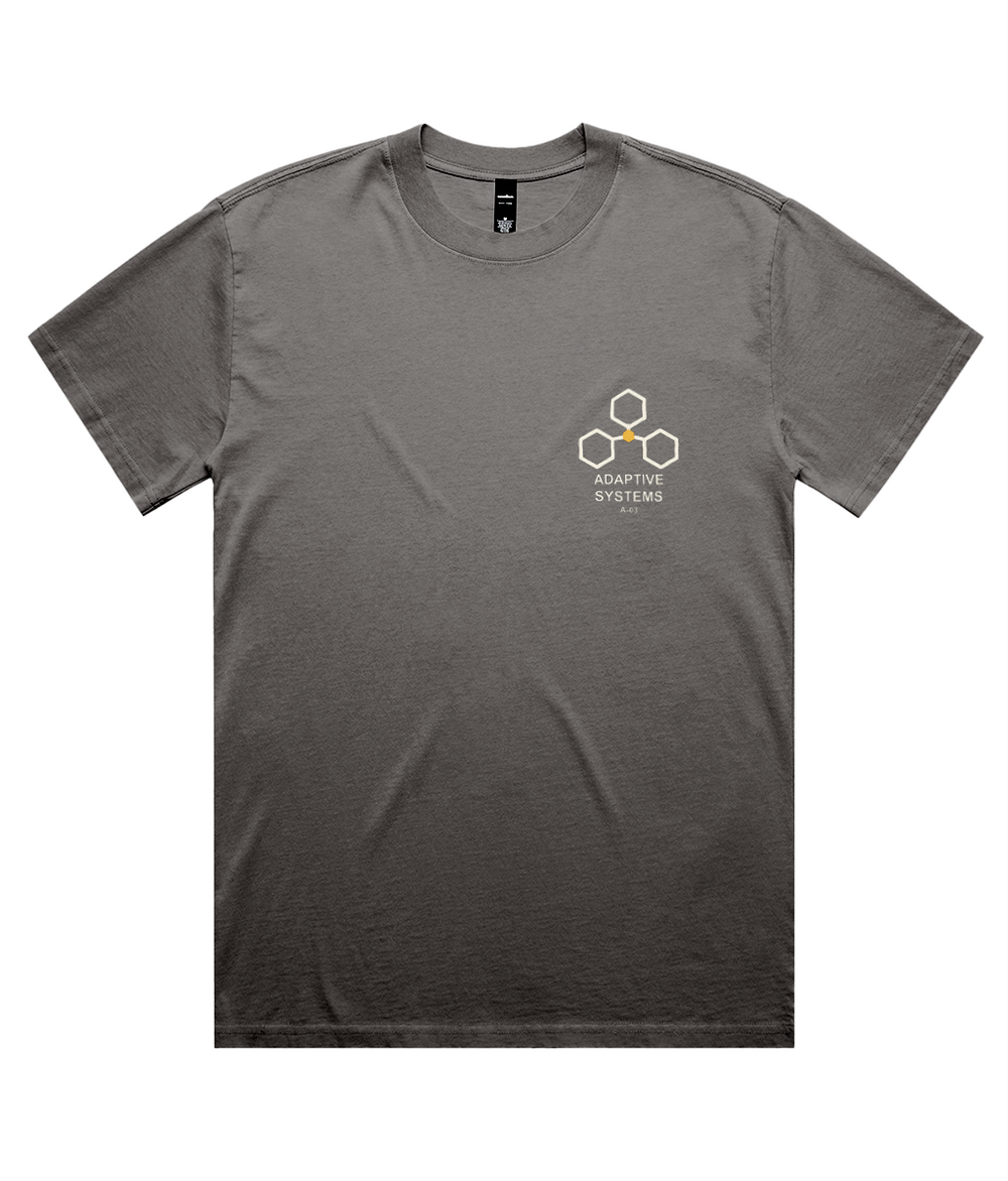 Adaptive State faded-grey oversized T-shirt, front with Adaptive Systems chest insignia. Digital mockup.