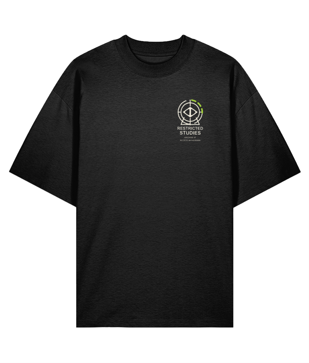 Restricted Studies black oversized T-shirt, front with ivory and acid-green chest insignia. Digital mockup.