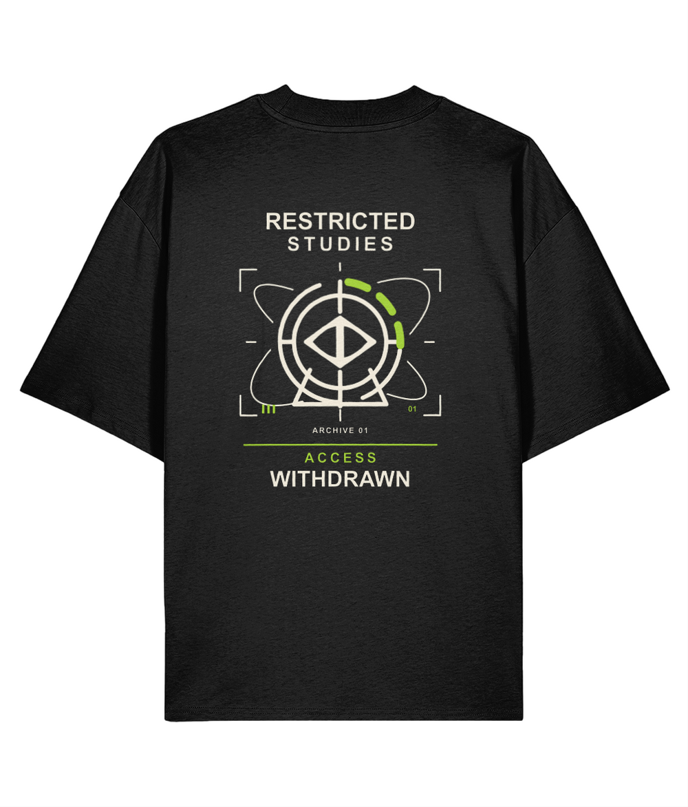 Restricted Studies black oversized T-shirt, back with ivory and acid-green orbital archive graphic. Digital mockup.